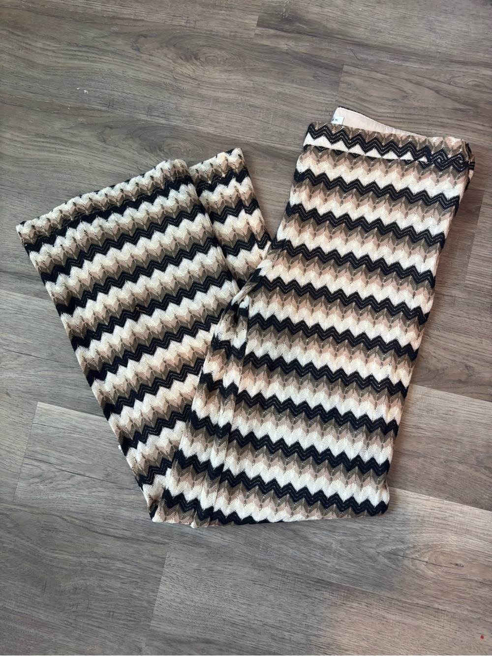 Trina Turk Zigzag Knit Wide-Leg Pants in Black, Cream & Tan
